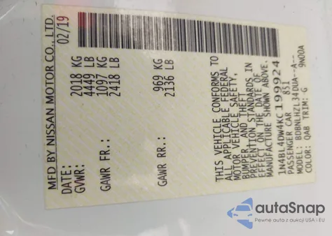 2019 Nissan Altima 2.5 Sv from USA, damaged, VIN 1N4BL4DW4KC199924